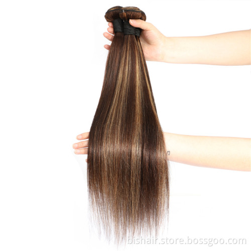 Wholesale Brown Highlight 4/27 Color Bone Straight Hair Bundles Brazilian Human Hair With 4X4 Transparent Closure Remy Hair